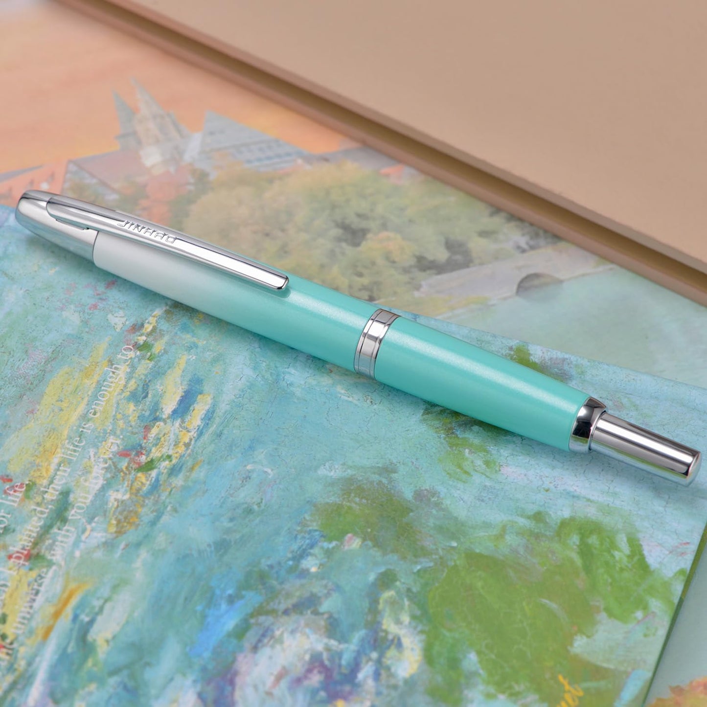 Jinhao 10 Press Fountain Pen with Box, Gradient Mint Green Retractable Extra Fine Nib with Ink Converter Set (Silver Clip)