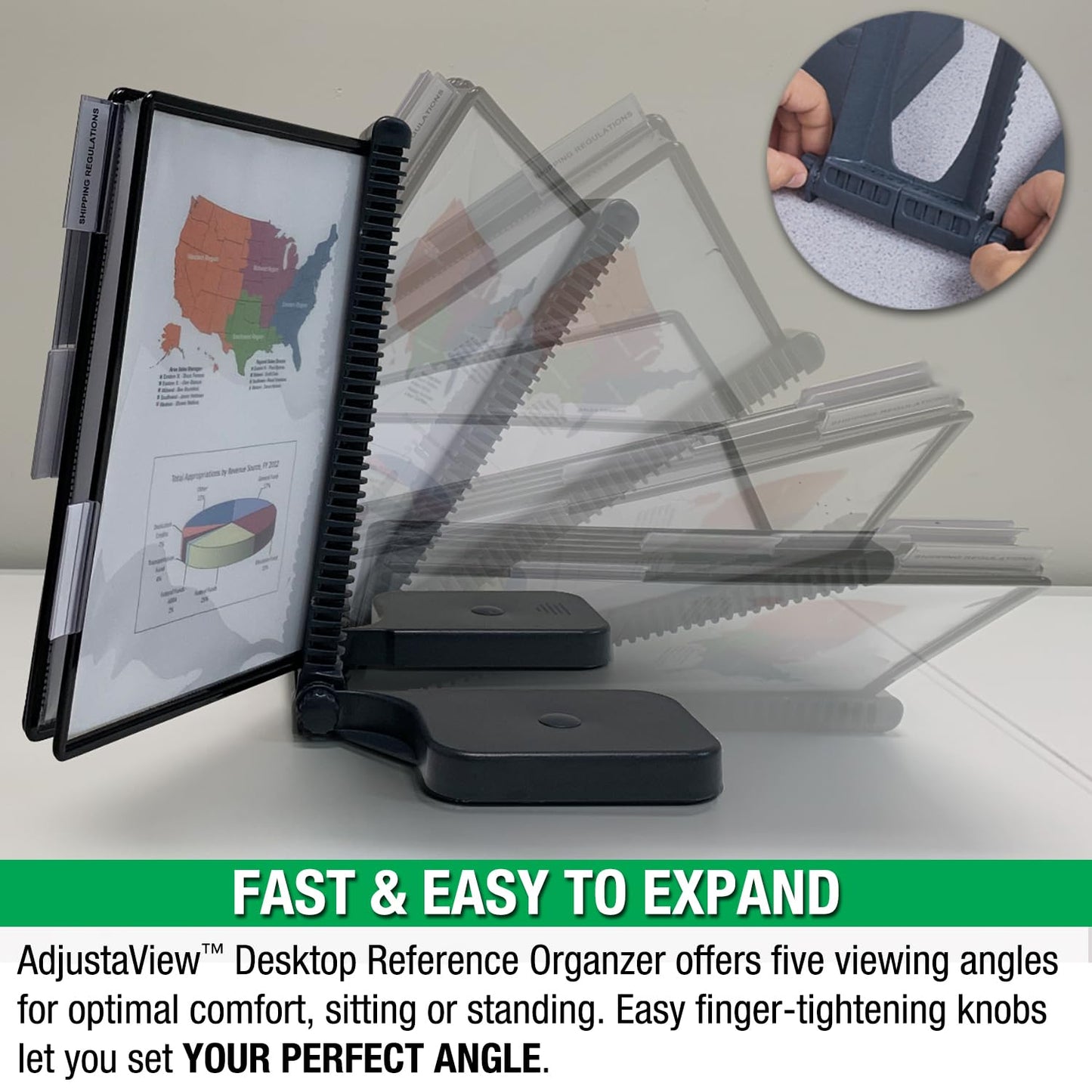 Ultimate Office AdjustaView 20-Pocket Desk Reference Organizer with Easy-Load Pockets and Compact Weighted Base for Stability, Black Pockets