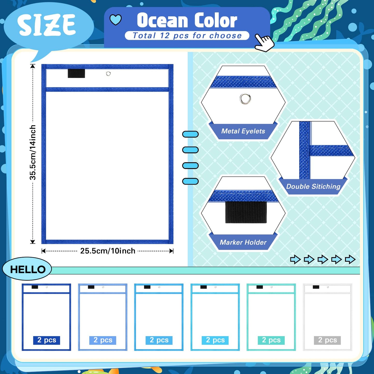 24 Pcs Dry Erase Pocket Reusable Sleeves 10" x 14" Clear Plastic Sheet Protectors with Markers and Mini Dry Erasers for Paper(Ocean Teal)