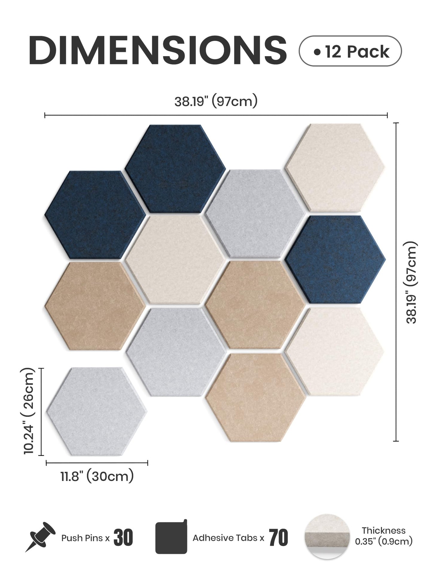 Fluxynara Hexagon Cork Board Alternative for Walls Decor-12-Pack Felt Bulletin Board Tiles,with 30 Pushpins,70 Adhesive Tabs for Office,Classrooms & Home Pin Board Felt Board-Nordic Slate