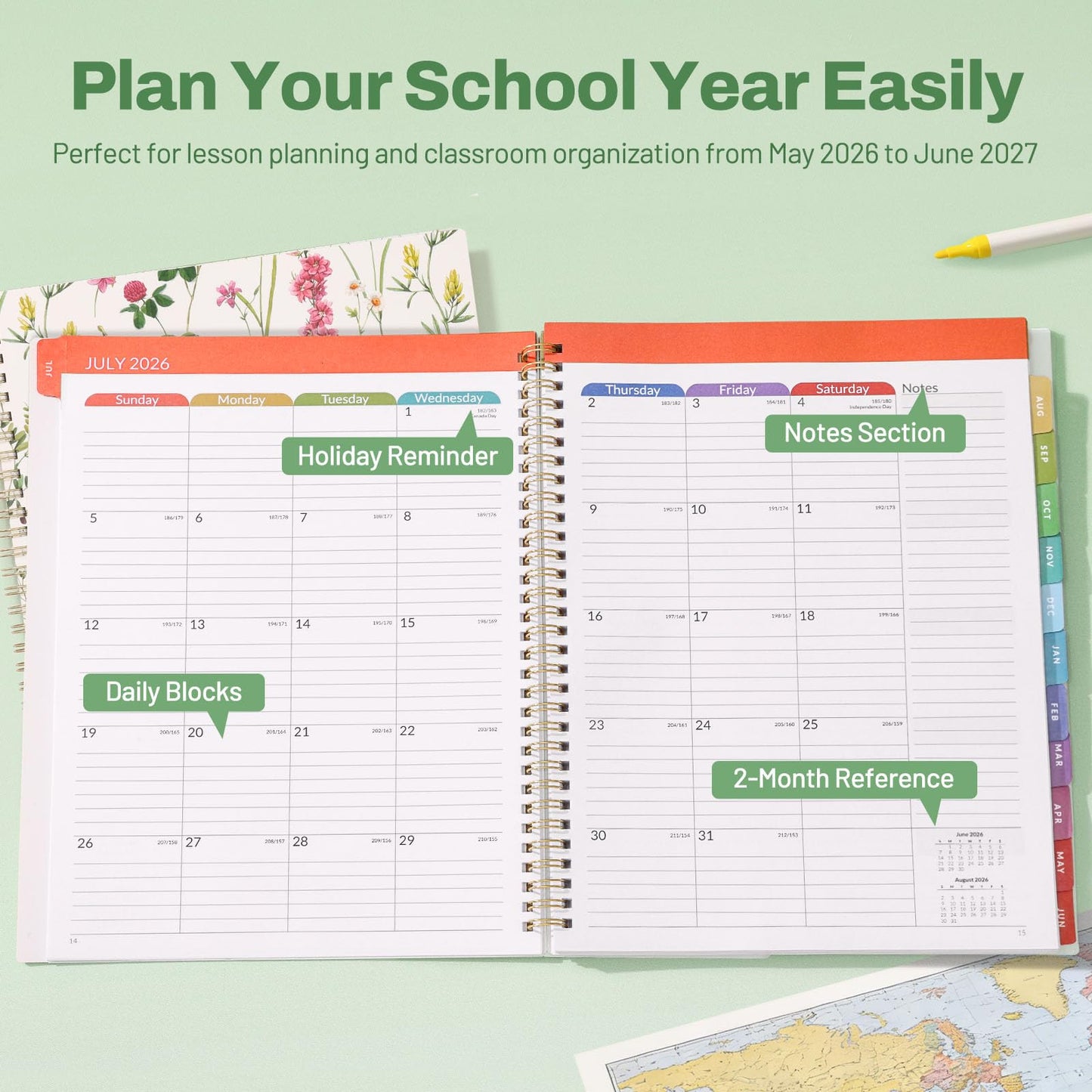 SUNEE Teacher Planner 2026-2027 Academic Year, 7 Periods Lesson Plan Book Jul 2026 - Jun 2027, 8.5"x11"Daily Weekly Monthly Organizers Horizontal Layout with Calendars, Bookmark, Tabs, Wildflowers