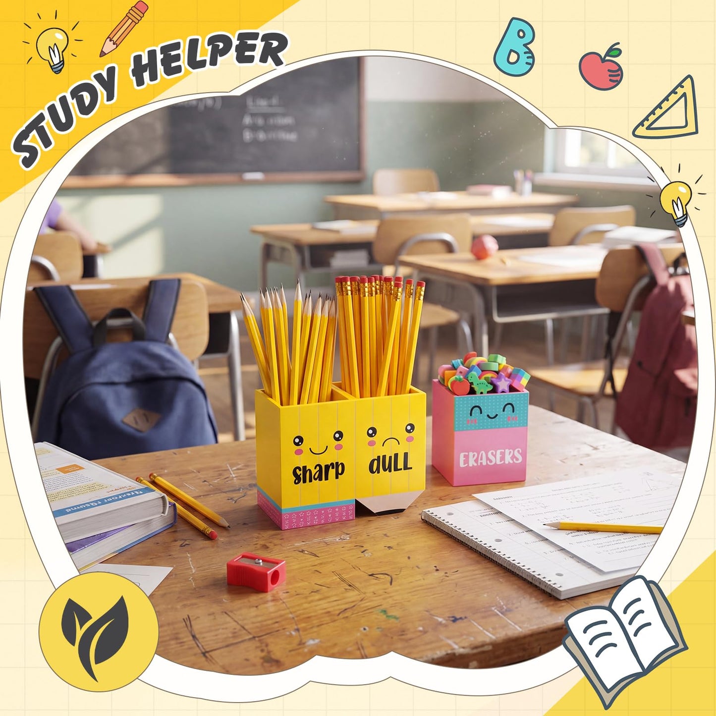 Eaasty Pencil Shaped and Sharp Dull Holder Eraser Wooden Dispenser Pencil Storage 3 Compartments for Back to School Teachers Classroom Organization (2 Pack,Stylish)