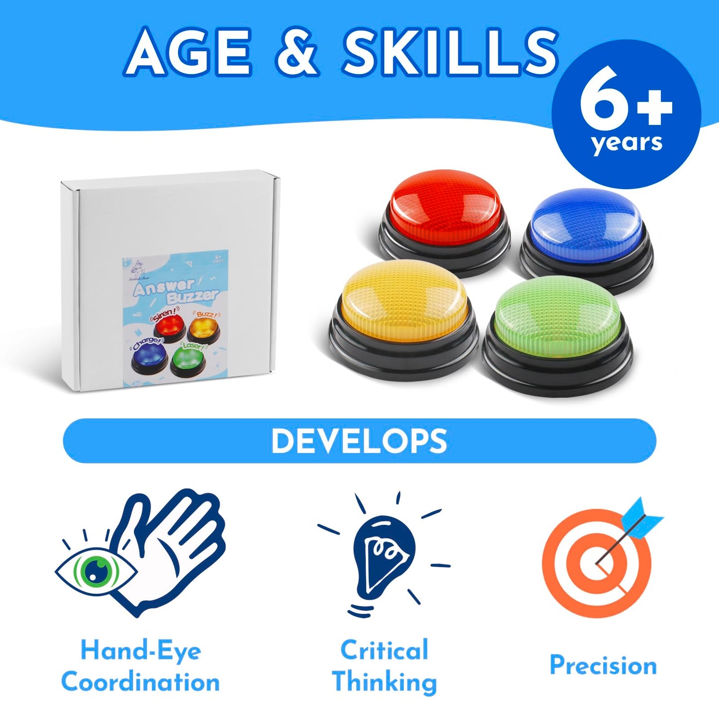 AndiluluBear Buzzers for Trivia Games, Family Feud Buzzers for Adults, Game Buzzers with Lights and Sound, Answer Buzzers for Classroom, Perfect for Family Game and Trivia Nights