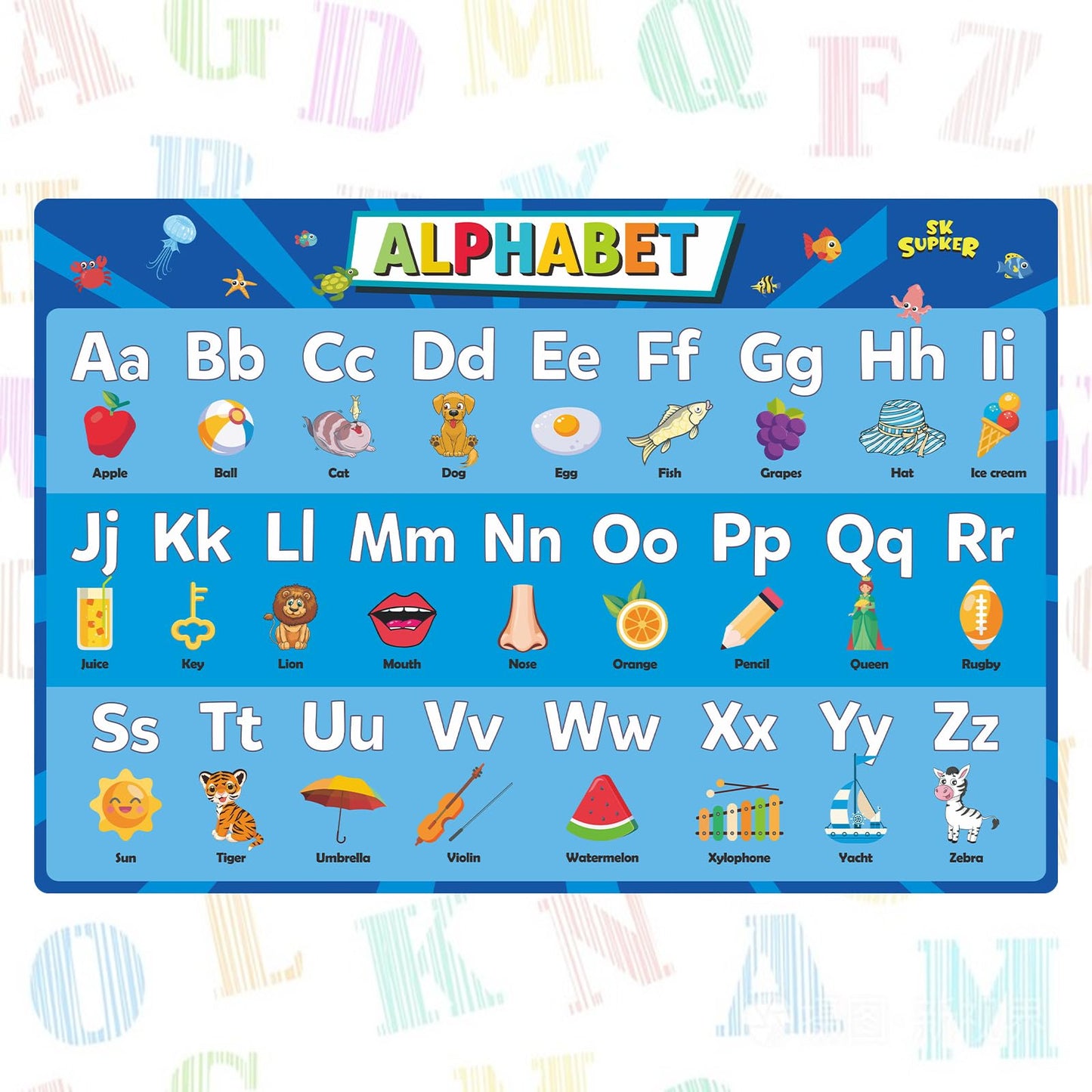SK SUPKER 4Pack ABC Alphabet Chart + Numbers 1-100 + Shapes + Colors Poster Set, Alphabet Learning Posters-Classroom Wall Decor Art (17 x 11inch)