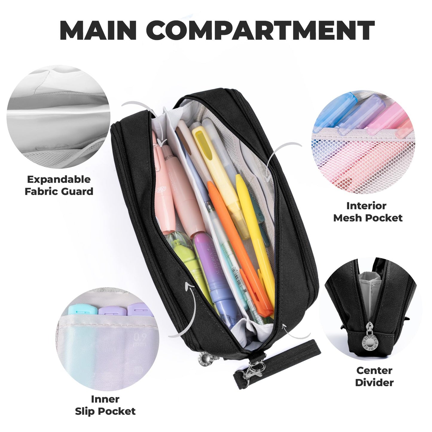 Four Candies Black Pencil Case 3 Compartment Pouch, Large Pencil Pouch for School, Girls, Teen Boys, Women, Black, Removable Handle & Zipper, Cute Pencil Bag for Office, College