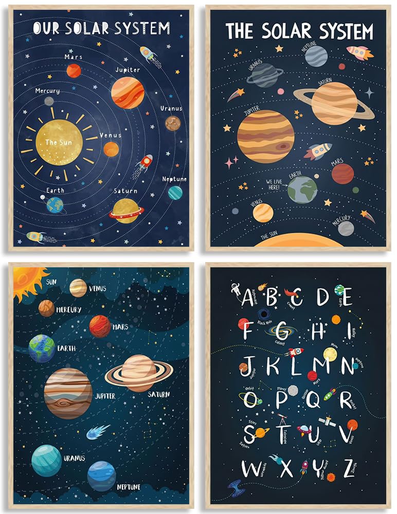 4Pcs Space Nursery Canvas Wall Art, Preschool Education Painting Picture Wall Decor, Solar System Poster Print Artworks for Classrooms, Nurseries, Children's Rooms, Playrooms, Home Decoration 12x16in