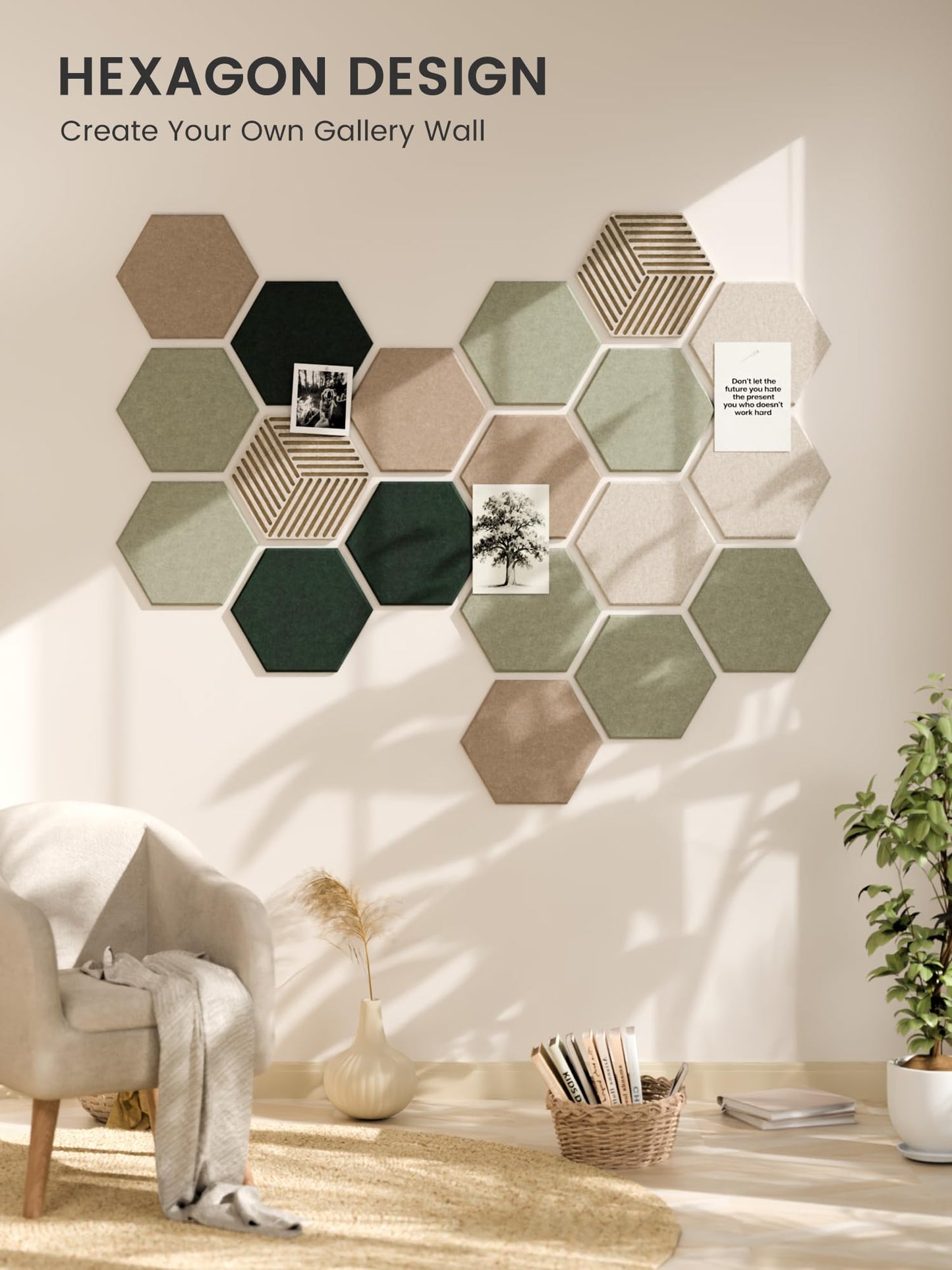Fluxynara Hexagon Cork Board Alternative for Walls Decor-10-Pack Felt Bulletin Board Tiles,with 30 Pushpins,50 Adhesive Tabs for Office,Classrooms & Home Pin Board Felt Board-Nordic Moss