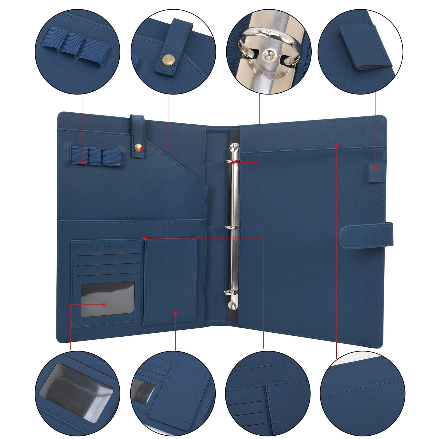 Wonderpool A4 PU Leather Portfolio Holder Ring File Document Case with Removable Binder Clipboard, Multi Pocket and Legal Pad for Business Organizer Interview and Meeting (Dark Blue)