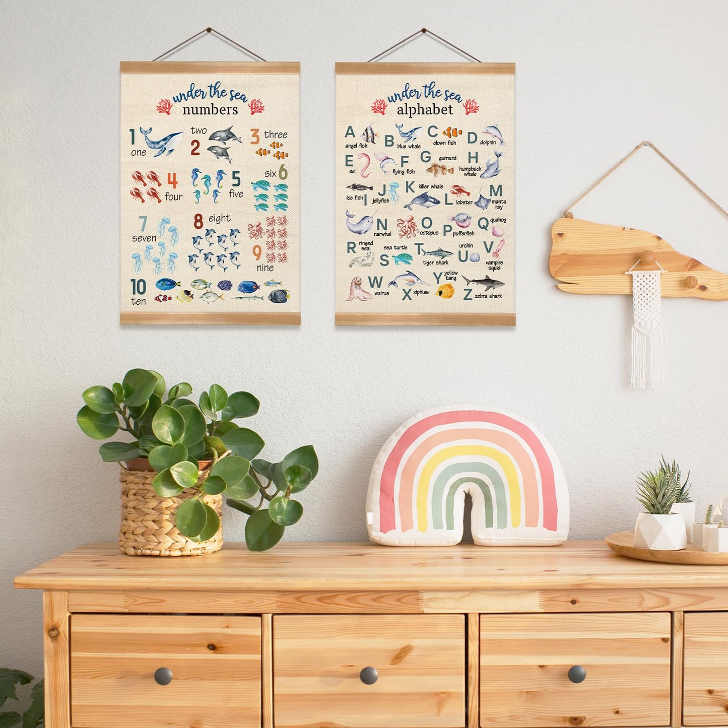 ZTGDA Alphabet Numbers Wall ArtSet of 2,ABC &123 Educational Learning Posters, Marine Fishs Wall Hanging Decor for Toddler Room Playroom,Nursery,or Classroom 12x16inch (Ocean Animal)