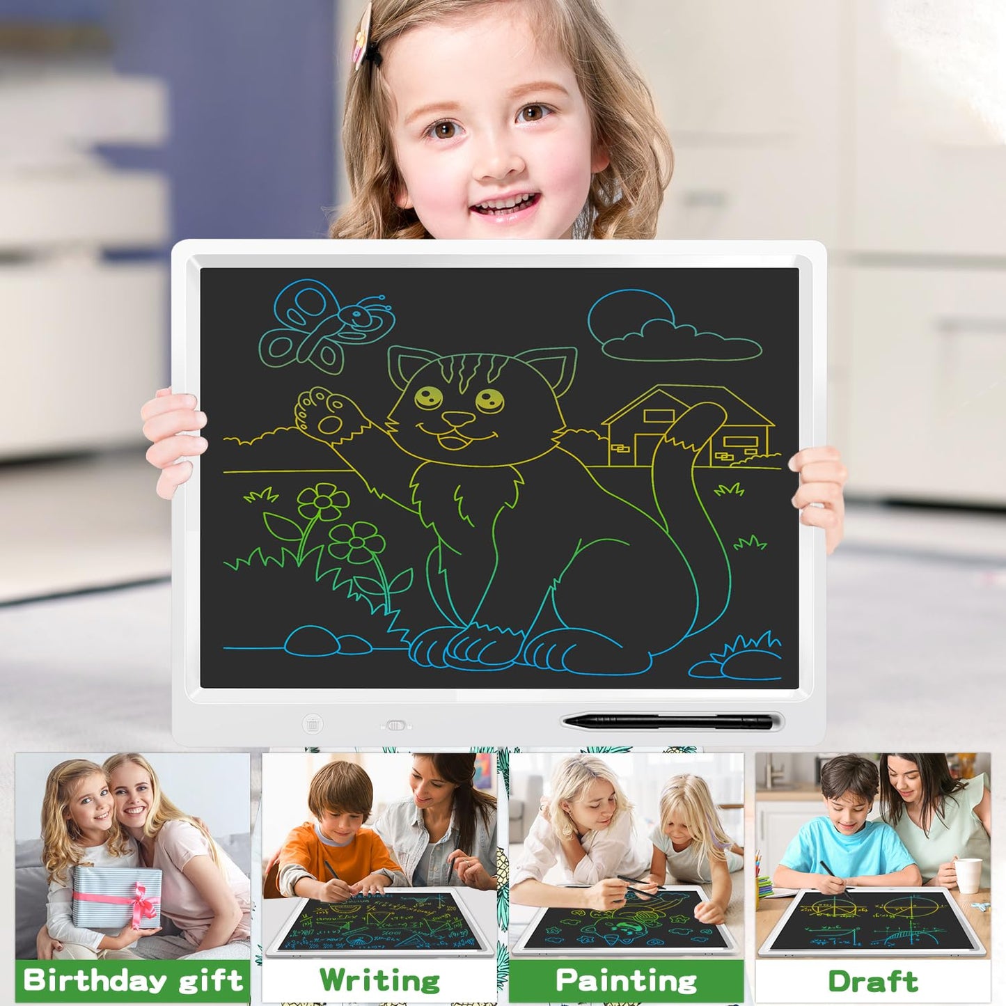 LCD Writing Tablet, 18 Inch Colorful Doodle Board Valentines Kids Gifts,Erasable LCD Writing Tablet for Kids, Home School Office Christmas Gifts for 3-12 Years Home School