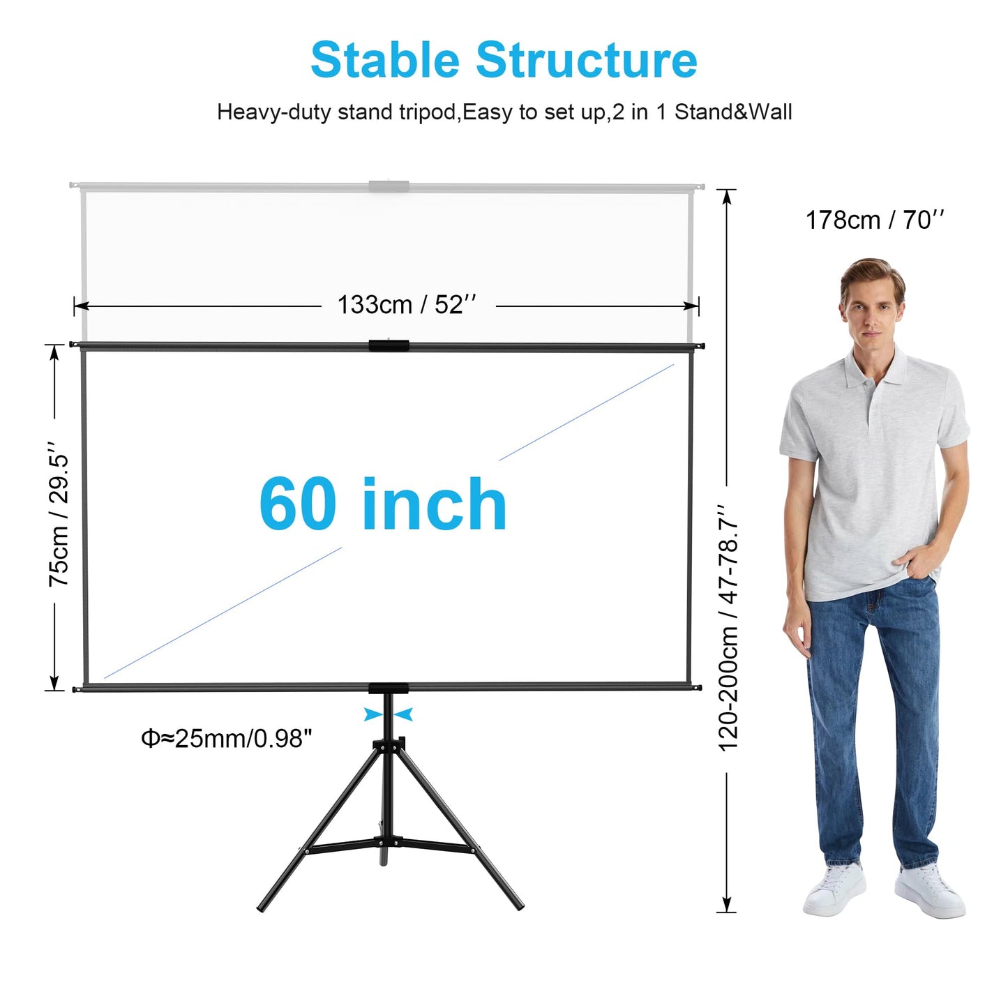 lejiada 60 Inch Portable Projector Screen with Tripod Stand, Compact Mobile Projection Screen for Small Spaces, Height Adjustable and Wrinkle-Free for Indoor Outdoor Camping and Office Use