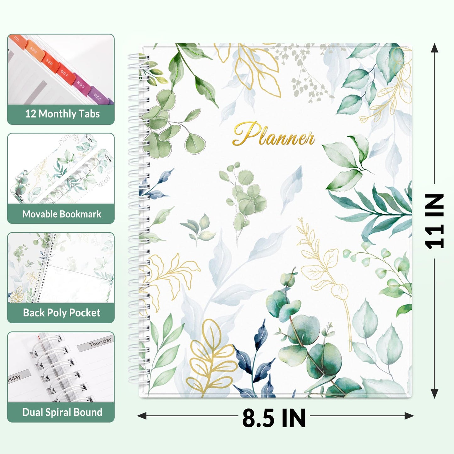 SUNEE Academic Planner 2026-2027 – Weekly & Monthly Planner, July 2026 to June 2027, 8.5"x11", Thick Paper, Tabs, Pockets, Bookmark, Spiral-Bound, Student Teacher Organizer, Greenery