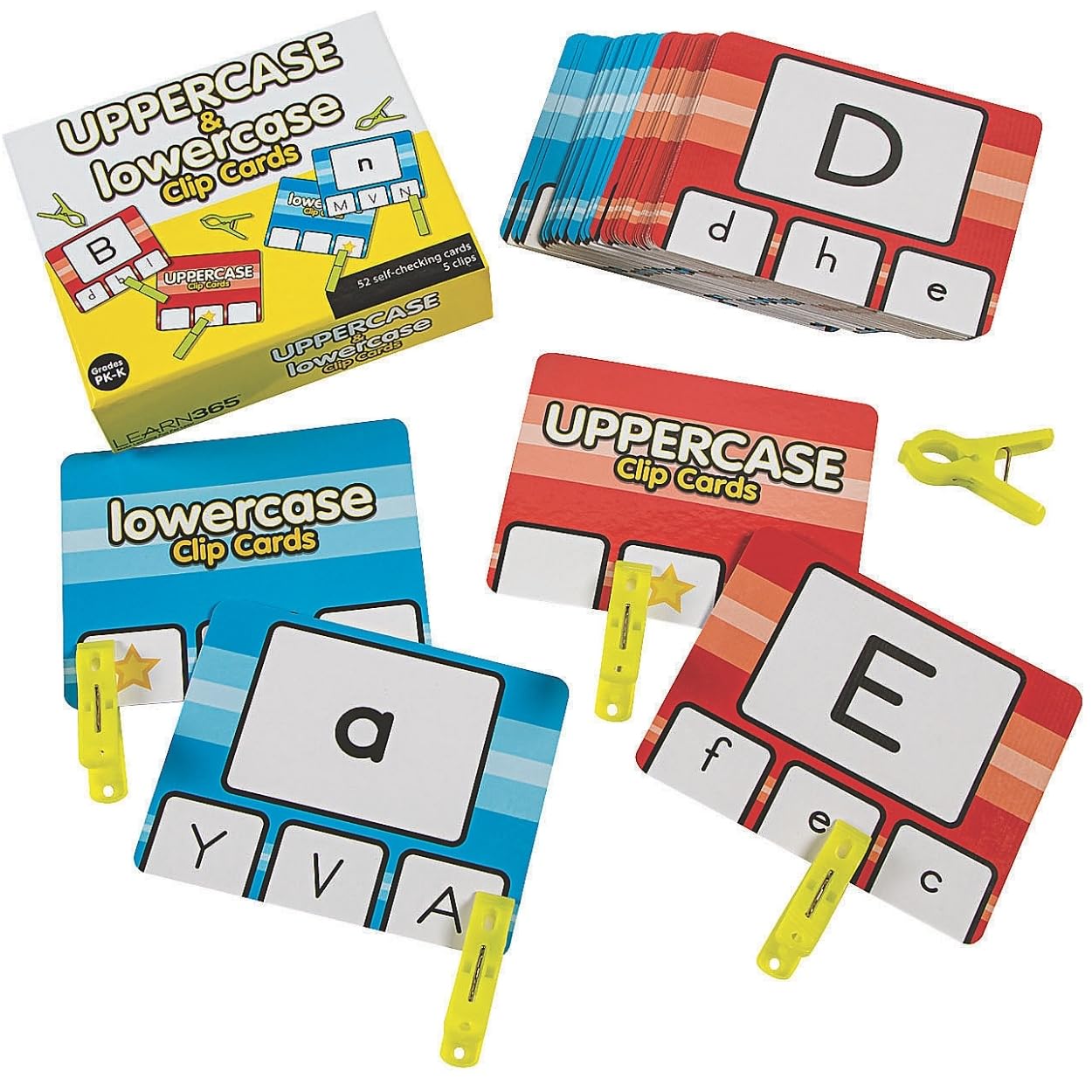 Fun Express Uppercase & Lowercase Letter Clip Card Set - Fun Learning Activities for Kids - Laminated Cardstock, 5” x 4” - Perfect for Early Education - 57-Pieces