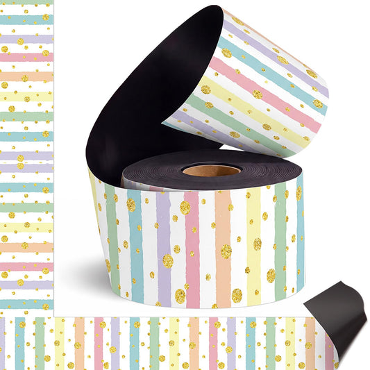 Tenceur 48 ft x 2.76 Inch Magnetic Borders for Whiteboard Decoration, Macaron Polka Dots Stripes Magnetic Bulletin Board Border Set for Summer Classroom Office Chalkboard Poster Board Decor
