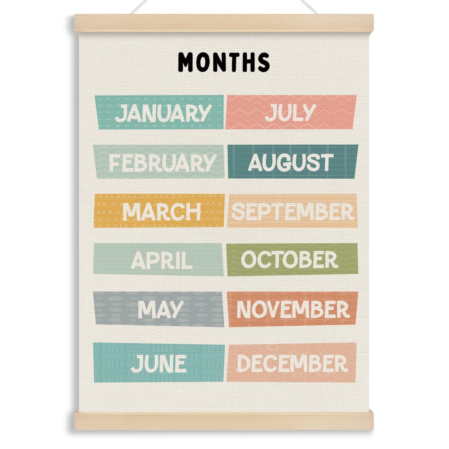 MOTERMATE Months of The Year Wall Art Poster for Classroom, Boho Toddler Room Decor, Learning Educational Canvas Poster Hanger Frame for Toddlers Classroom, Playroom Wall Hanging Banner Decor, 12x16In