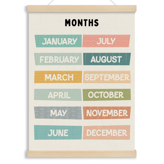 MOTERMATE Months of The Year Wall Art Poster for Classroom, Boho Toddler Room Decor, Learning Educational Canvas Poster Hanger Frame for Toddlers Classroom, Playroom Wall Hanging Banner Decor, 12x16In