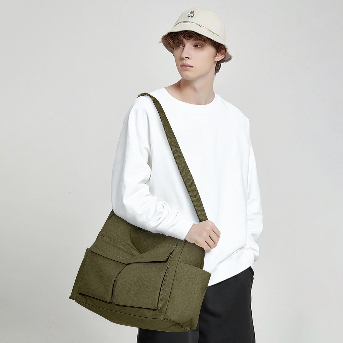 KALIDI Canvas Tote Messenger Bag with Pockets, Large Crossbody Bags for Women or Men, Casual Canvas Shoulder Bag for College Work Travel Daily, Army Green