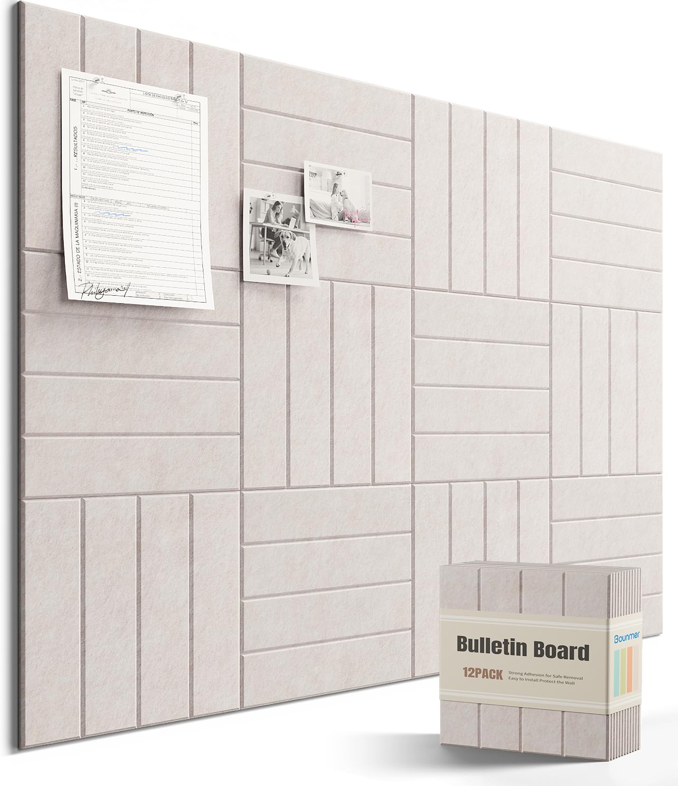 Bounmer Large Cork Board Alternative 48“ x 36”, 12-Pack Felt Bulletin Board Tiles with 60 Safe Removable Adhesive Tabs & 30 Pushpins, Cork Boards for Office Walls Decor (Oatmeal)