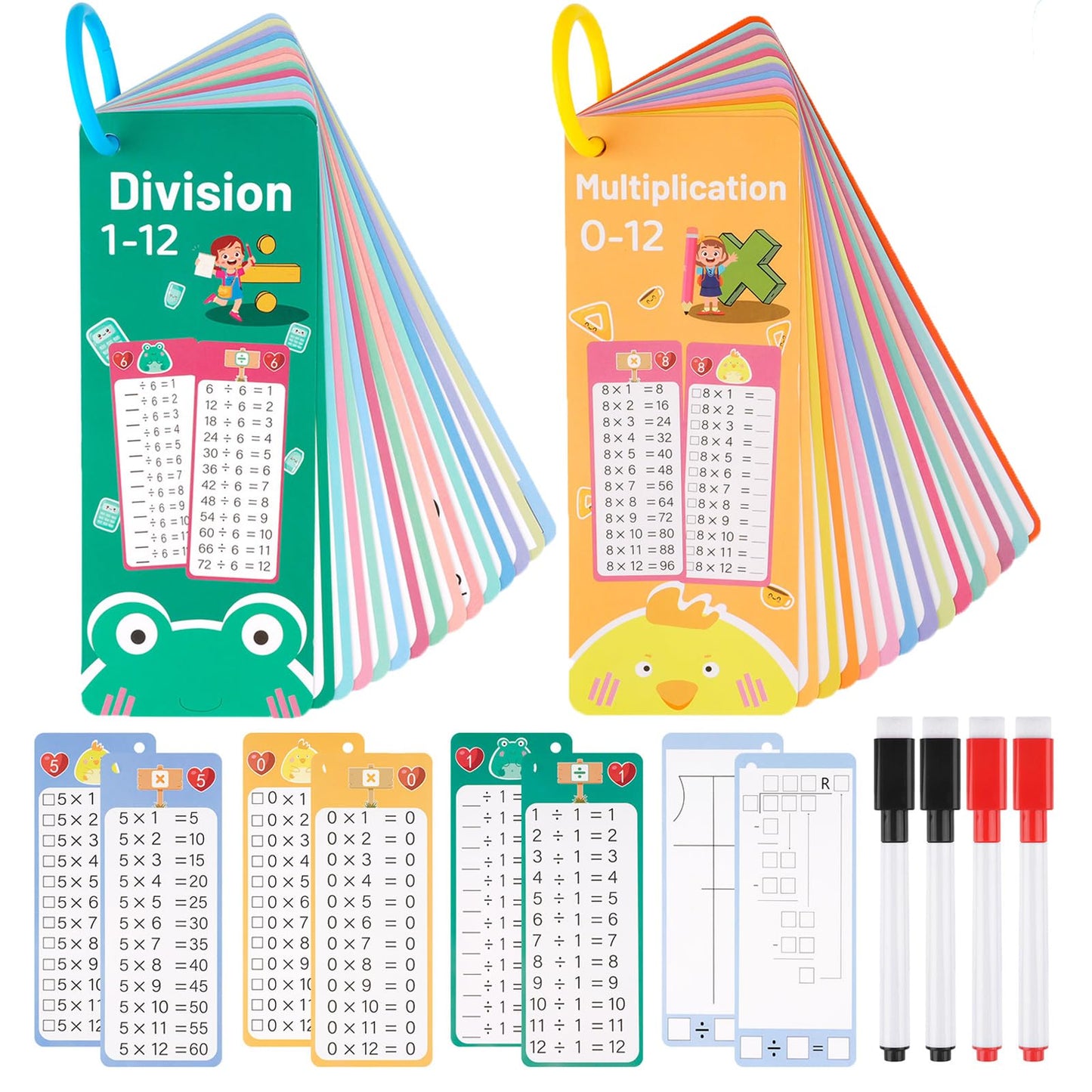 PEASUG Multiplication and Division Flash Cards 30 Pcs, 0-12 Math Flash Cards with 4 Dry Erase Pens 2 Rings, Educational Time Table Flash Cards for 1st-3rd Graders Multiplication Game