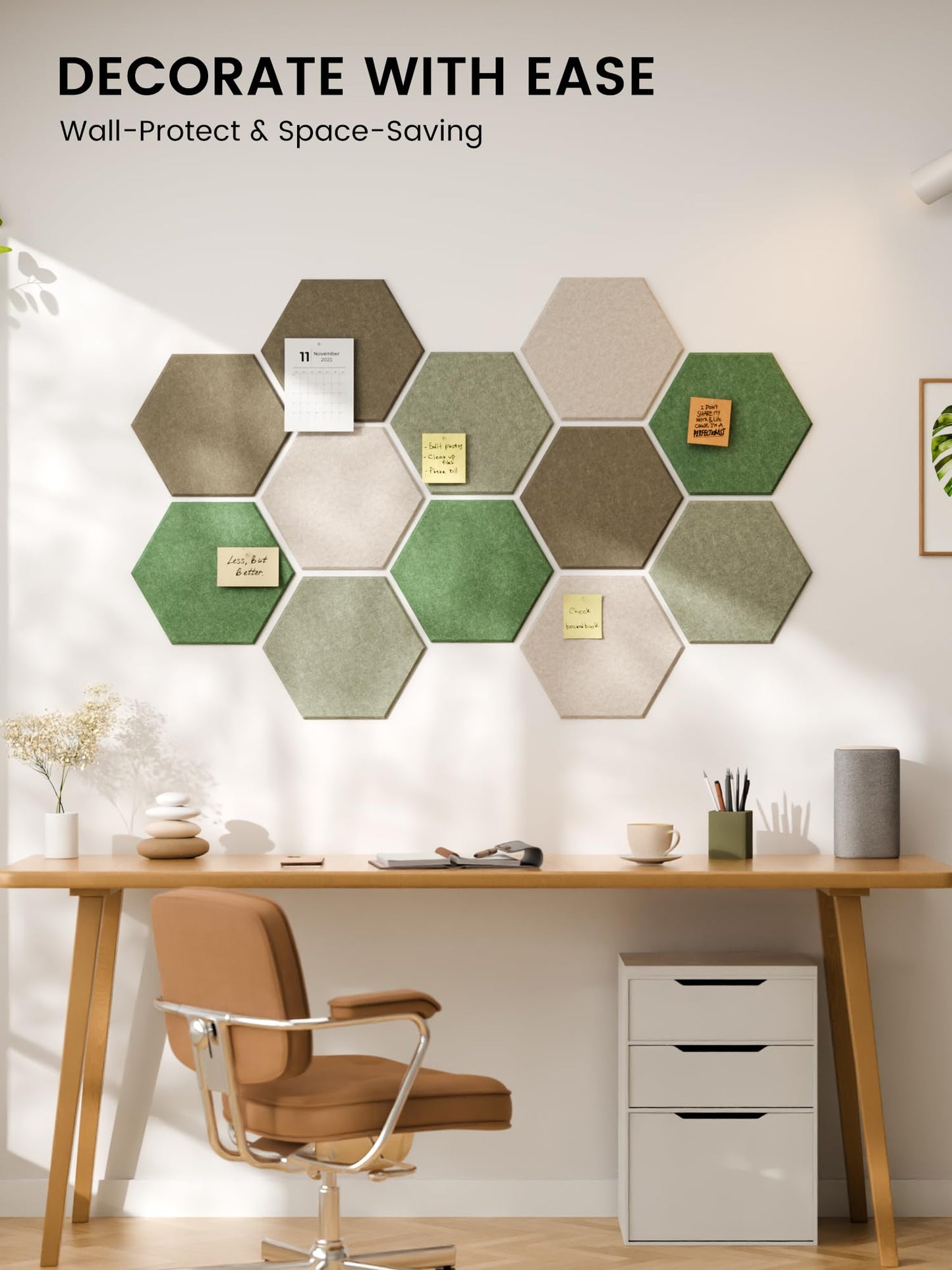 Fluxynara Hexagon Cork Board Alternative for Walls Decor-12-Pack Felt Bulletin Board Tiles,with 30 Pushpins,70 Adhesive Tabs for Office,Classrooms & Home Pin Board Felt Board-Moss Haven