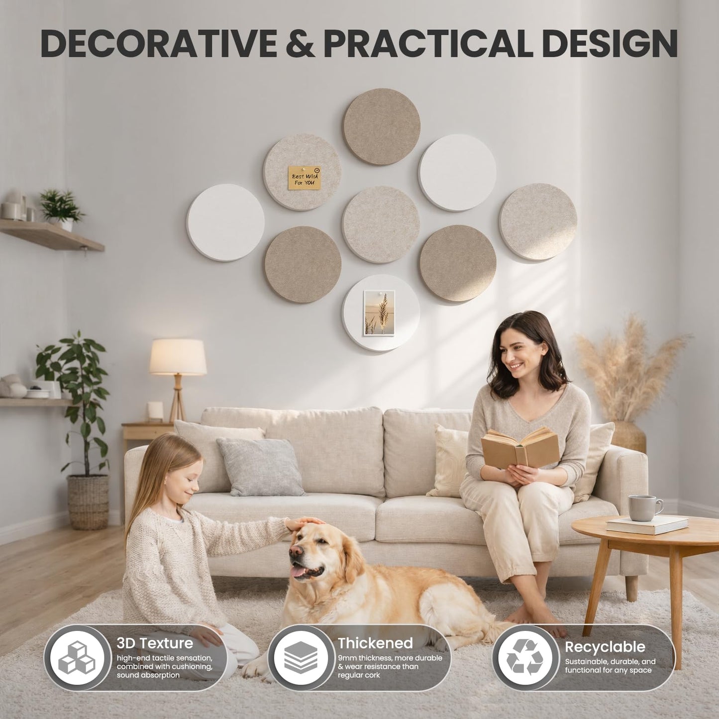 Bulletin Board, 11.8'' X 11.8'' Cork Board Alternative, 9 Pack Round Felt Board with Pushpins, Decorative Felt Notice Vision Board Photo Display Board for Office Home School Wall