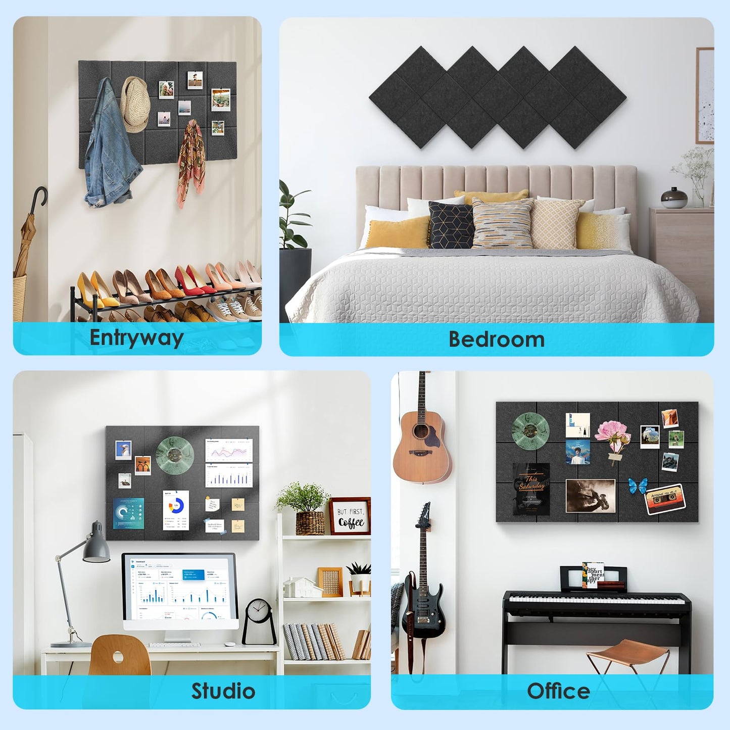 Bulletin Board 47" X 24" Cork Boards for Wall Alternative 8 Pack Grey Non-Stripe Felt Bulletin Board 48 Safe Adhesive 35 Push Pins for Office School Home Room Decor