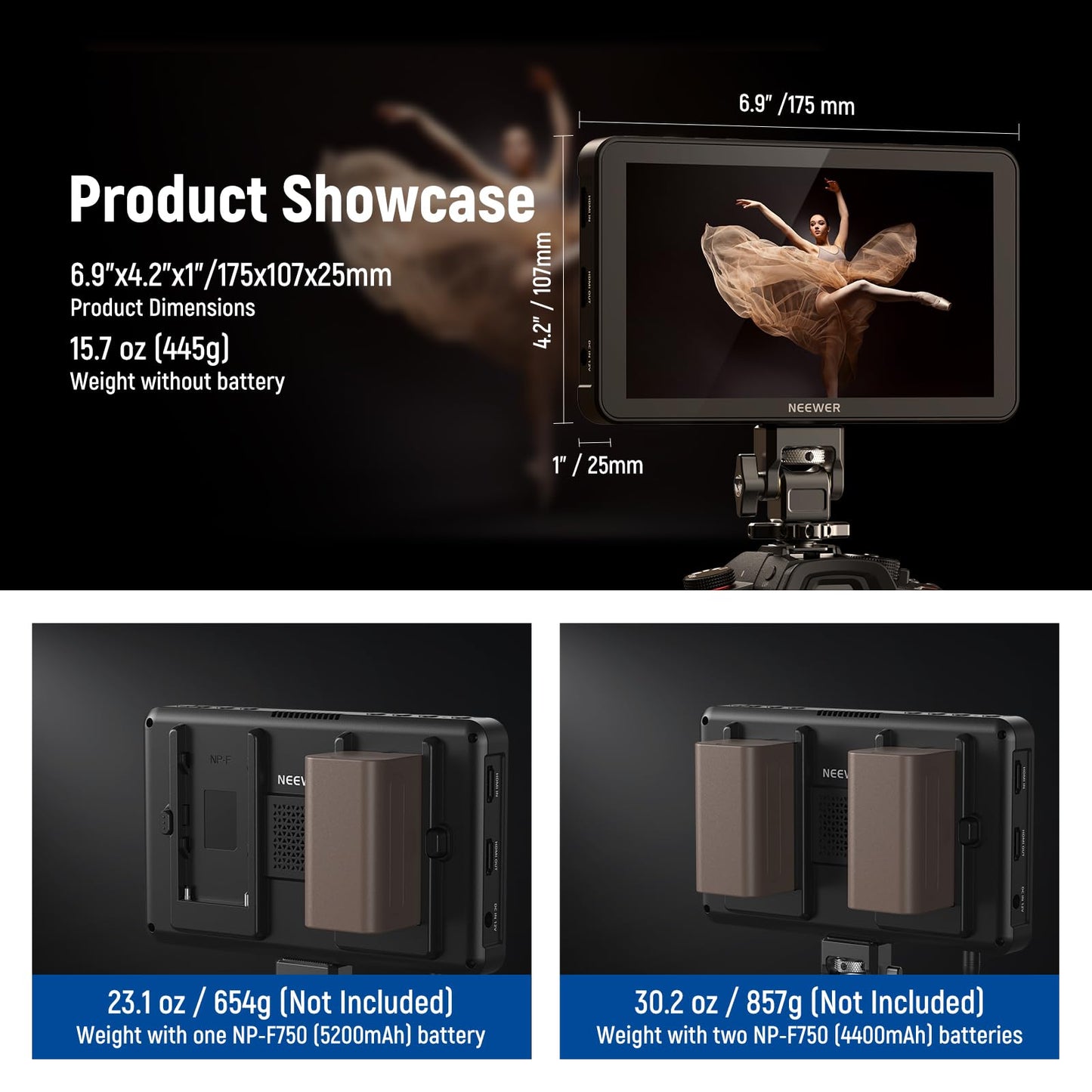 NEEWER F700 7" Camera Field Monitor, 2000nit HD 1920x1080 IPS Touch Screen with 3D LUT, 4K HDMI Loop in/Out with Peak Focus DSLR Video Assist HDR Waveform, Cold Shoe Mount, Battery Not Included
