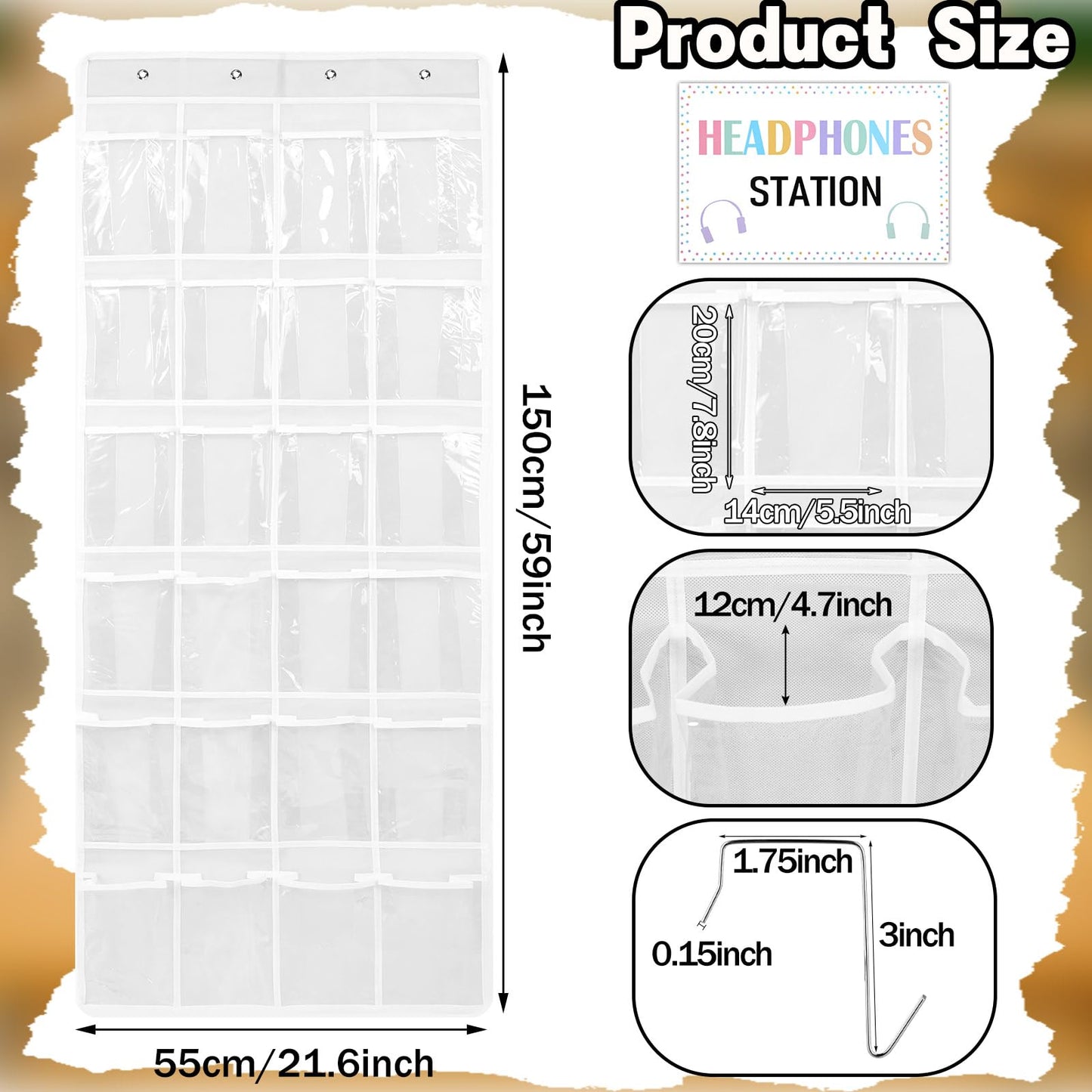 Maasechs Classroom Headphone Storage Organizer 24 PVC Clear Over The Door Hanging Classroom Headphone Holder Pocket with 4 Hooks for School Library(White)