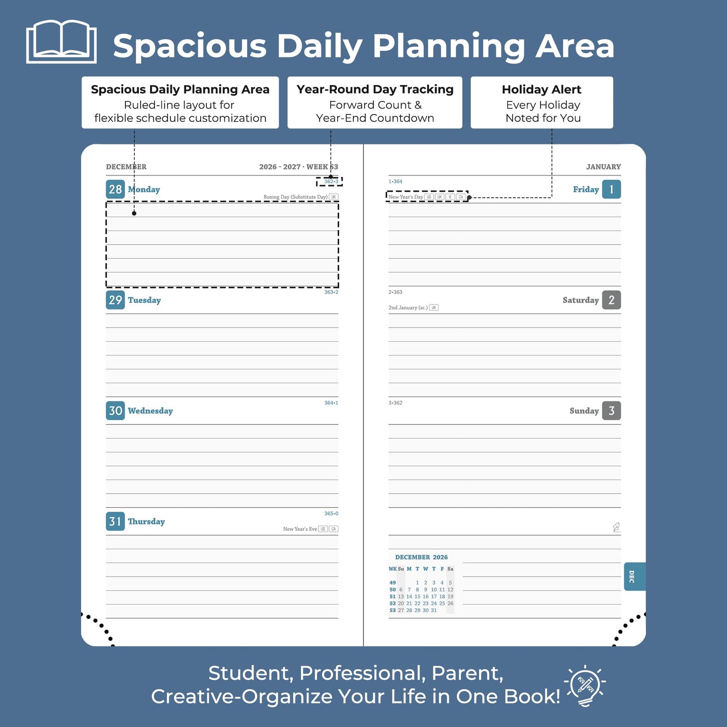 IN-LUXPRO Planner 2026-2027 Daily Weekly and Monthly,6.5"x3.75",18 Months Spiral Bound Calendar Agenda with Self-adhesive Pen Holder,2026 Academic Plan with Vegan Leather Soft Cover,Blue