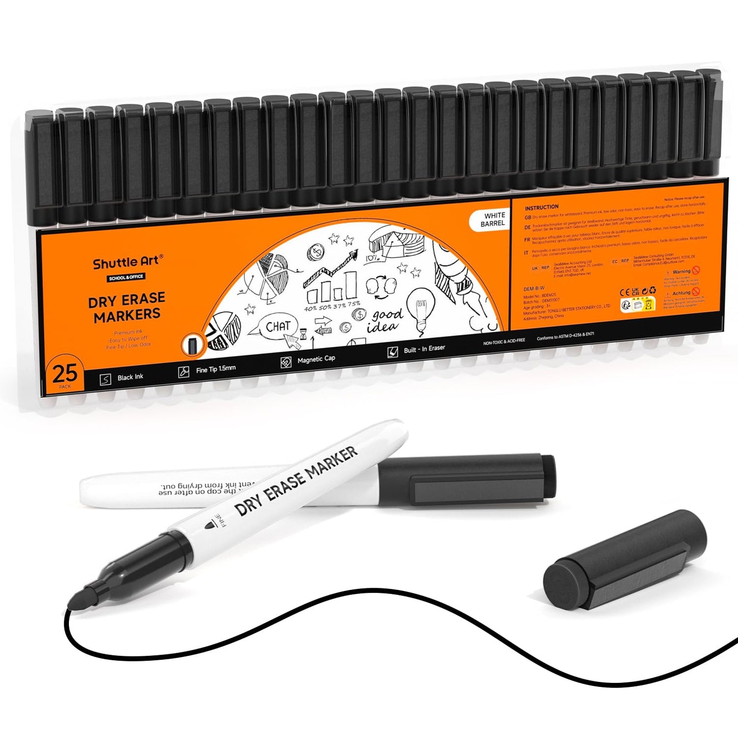 Shuttle Art Dry Erase Markers, 25 Pack Black Magnetic Whiteboard Markers with Erase, Fine Point Dry Erase Markers Perfect for Writing on Dry-Erase Whiteboards Mirrors Glasses for School Office Home