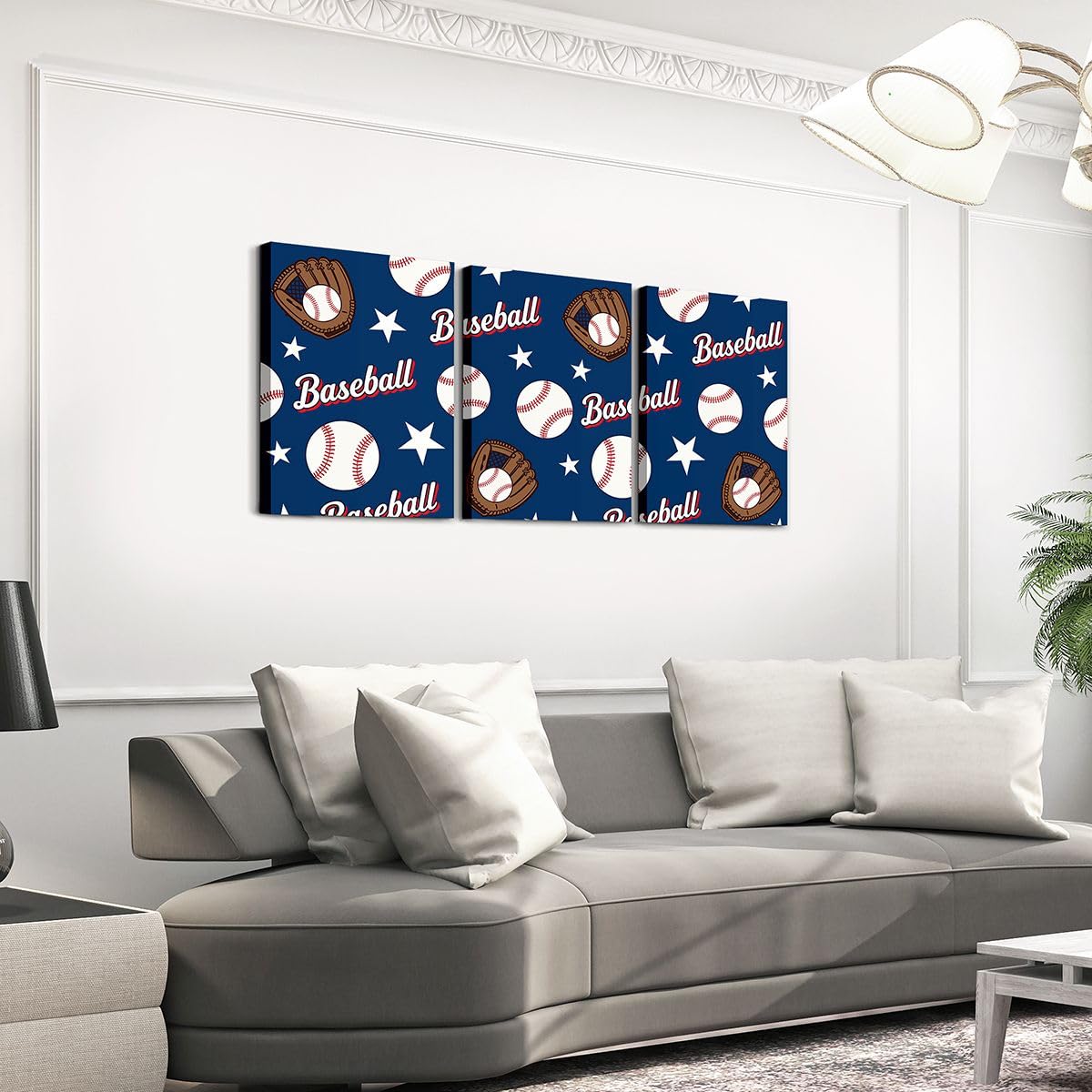 Feelyou Baseball Theme 3 Piece Canvas Wall Art for Living Room Bedroom Baseball Sport Wall Art for Home Decor Star Print Office Decor Artwork Navy Blue Gloves Picture Posters