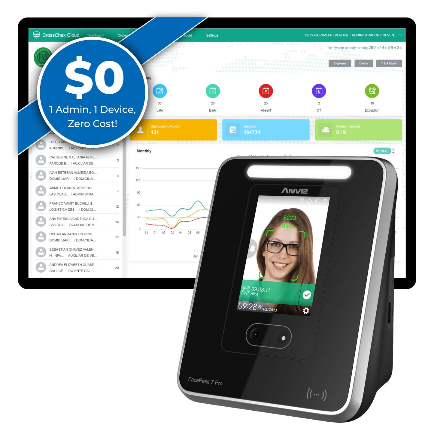 ANVIZ Time Clocks for Employees Small Business - Forever Free Cloud Software - FacePass 7 Pro Biometric Clock in and Out Machine - Support Door Access - Face + RFID + Pin Punching, FacePass 7 Pro