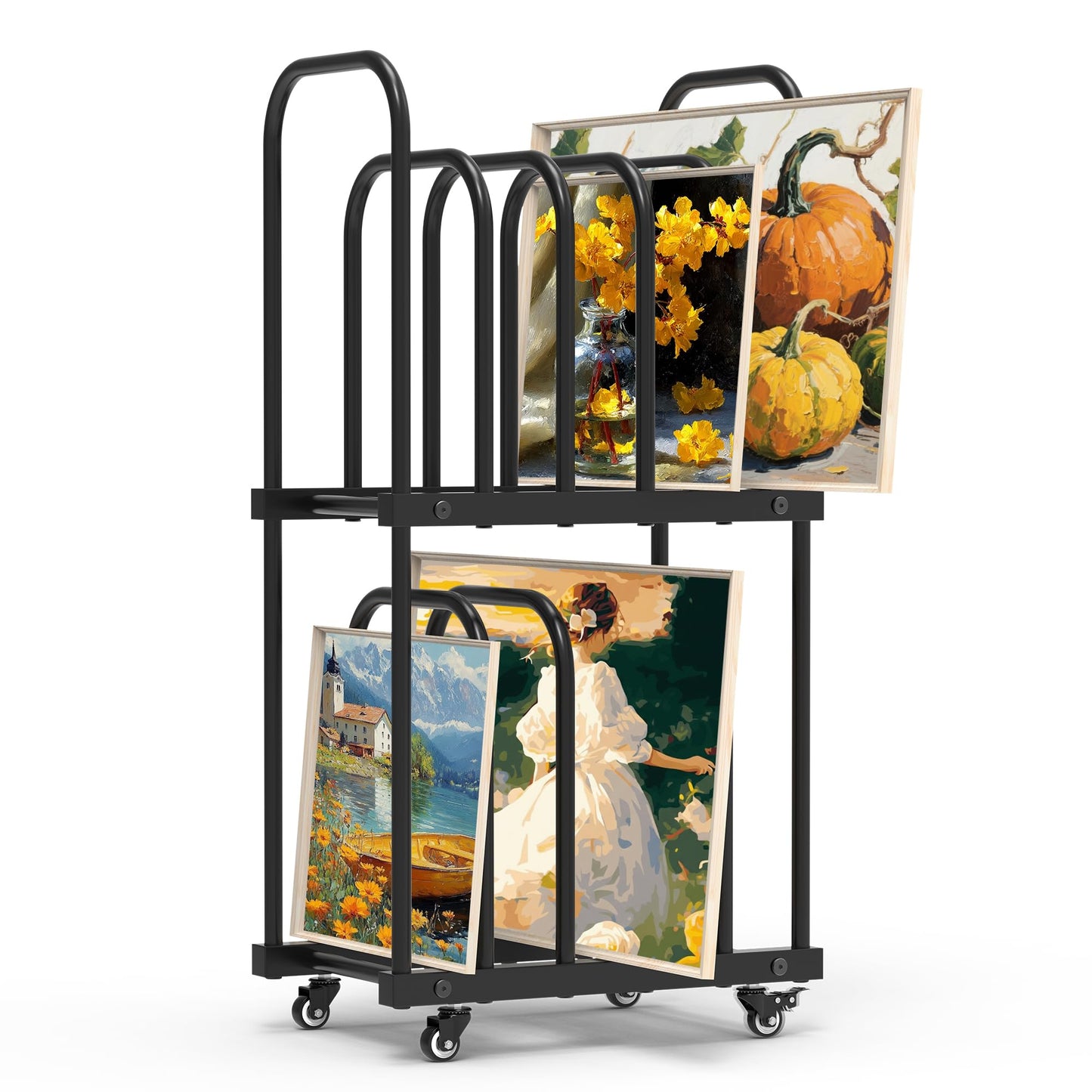 GARVIN Art Storage Rack with Wheels, 2-Tier Metal Art Drying Rack for Small Canvases, Heavy-Duty Organizer for Artwork, Prints & Panels, Studio & Classroom (Black)
