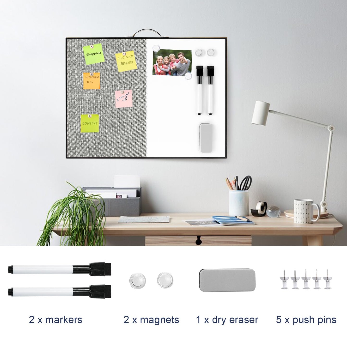 Small White Board Cork-Board Combo - 16 X 12 inches Gray Linen Board & Magnetic Dry Erase Board for Wall, Mini Bulletin Cork Board with Holder for Office, Home and School