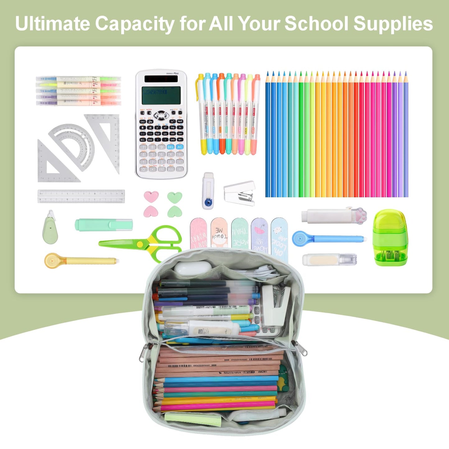 BrainyBees Large Pencil Pouch for Teen Girls, 8 Compartments, Green