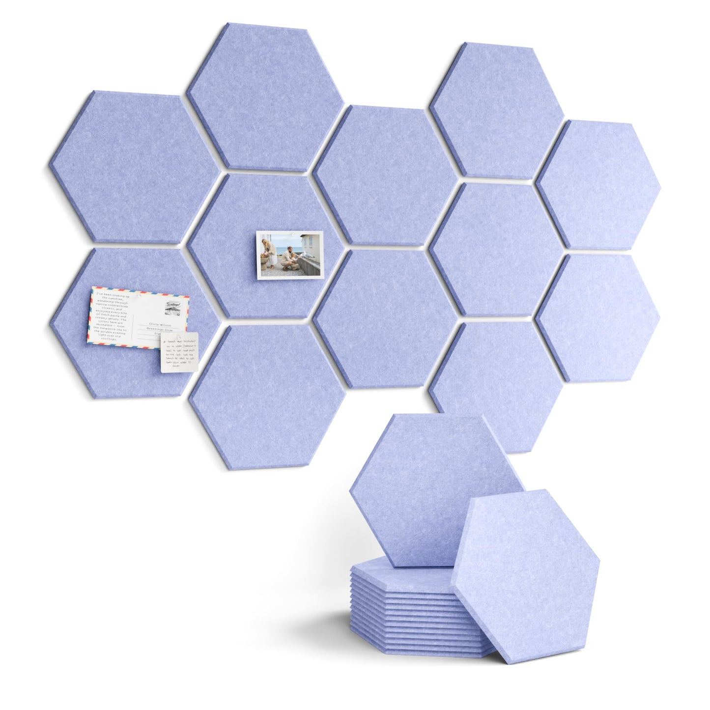 Fluxynara Hexagon Cork Board Alternative for Walls Decor-12-Pack Felt Bulletin Board Tiles,with 30 Pushpins,70 Adhesive Tabs for Office,Classrooms & Home Pin Board Felt Board-Soft Periwinkle