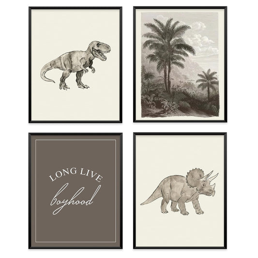 VONTP Retro Dinosaur Wall Art Decor, Long Live Boyhood, Dinosaur Nursery Decor for Boys Bedroom Living Room Dorm Toddler Decorations Teen Boy Kid Wall Decor, 8x10 Inch Set of 4 (Unframed)