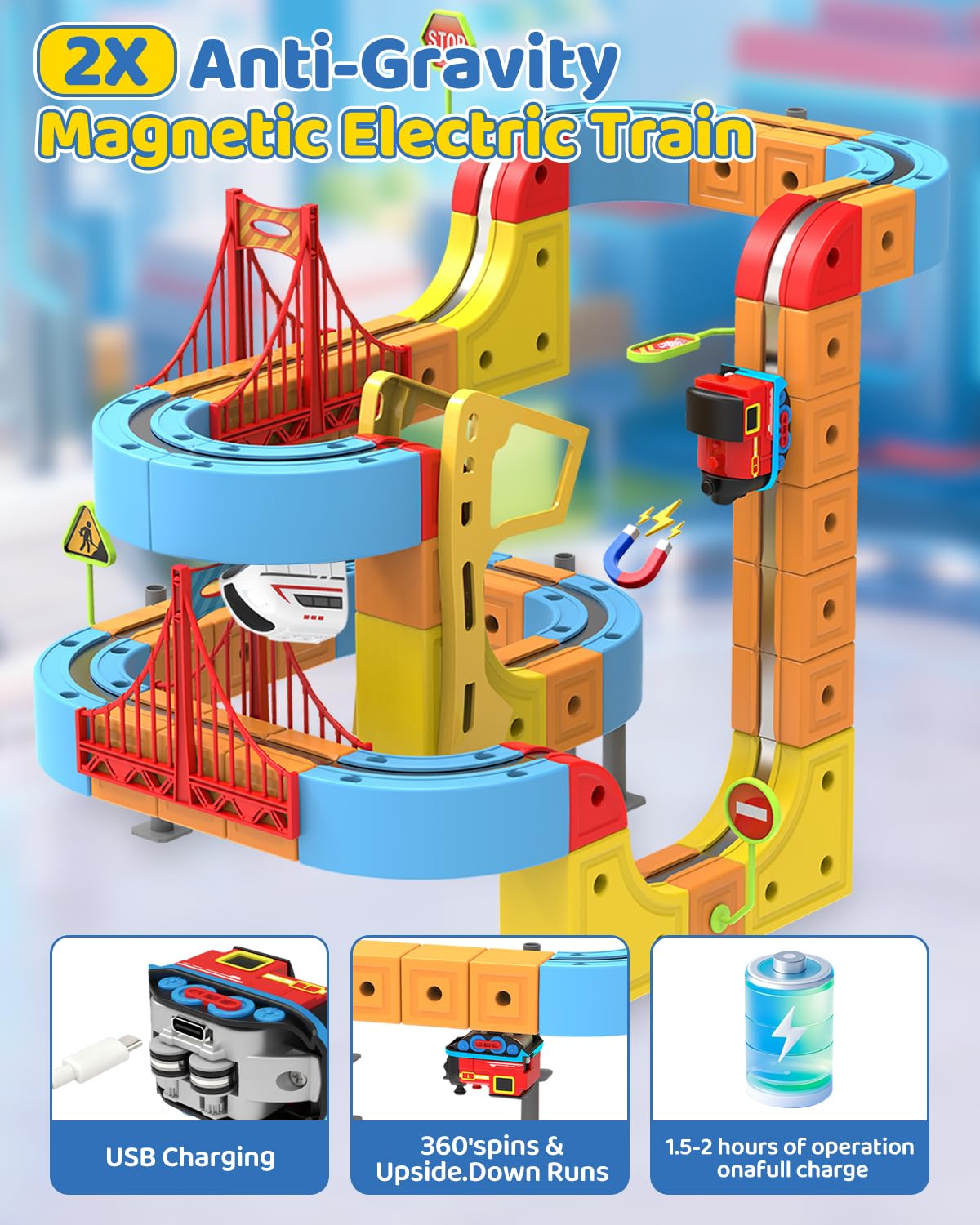 YAZ&OUZ Electric Train Set for Kids Ages 4-12, Magnetic Train Set, 3D Gravity-Defying Train Tracks, Magnetic Track Car Toys Kids Train Set, STEM Educational Building Toddler Train Set (2Train)