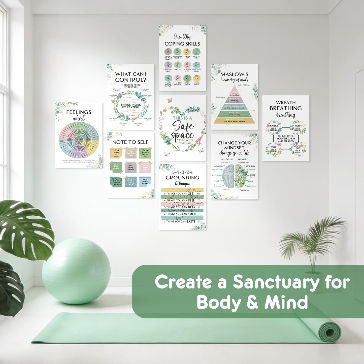 SEOIFUNG 12 Pcs Mental Health Growth Mindset Change Posters Set (11x17") - Safe Space Feelings Wheel Coping Skill Poster for Therapy Counseling Office School Home Wall Decor Counselor Therapist Gifts