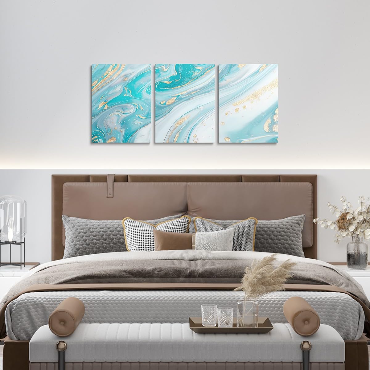 3 Piece Blue Marble Canvas Wall Art for Living Room Bedroom, Pastel Golden Blue Golden Paintings Wall Decor Modern Abstract Wall Art Luxury Decor Poster Prints Ombre Artwork Prints