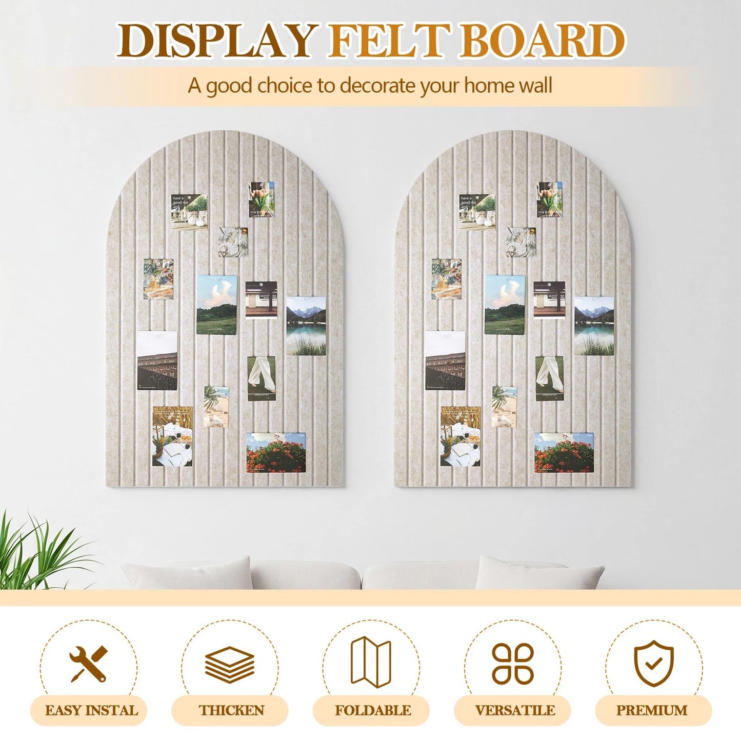 Mindsoft 2 Pcs 35" x 24" Large Integrated Arched Felt Bulletin Board - Foldable Cork Board Alternative - No Assembly Wall Decor for Office, Bedroom & Home Display Photos (Oatmeal)
