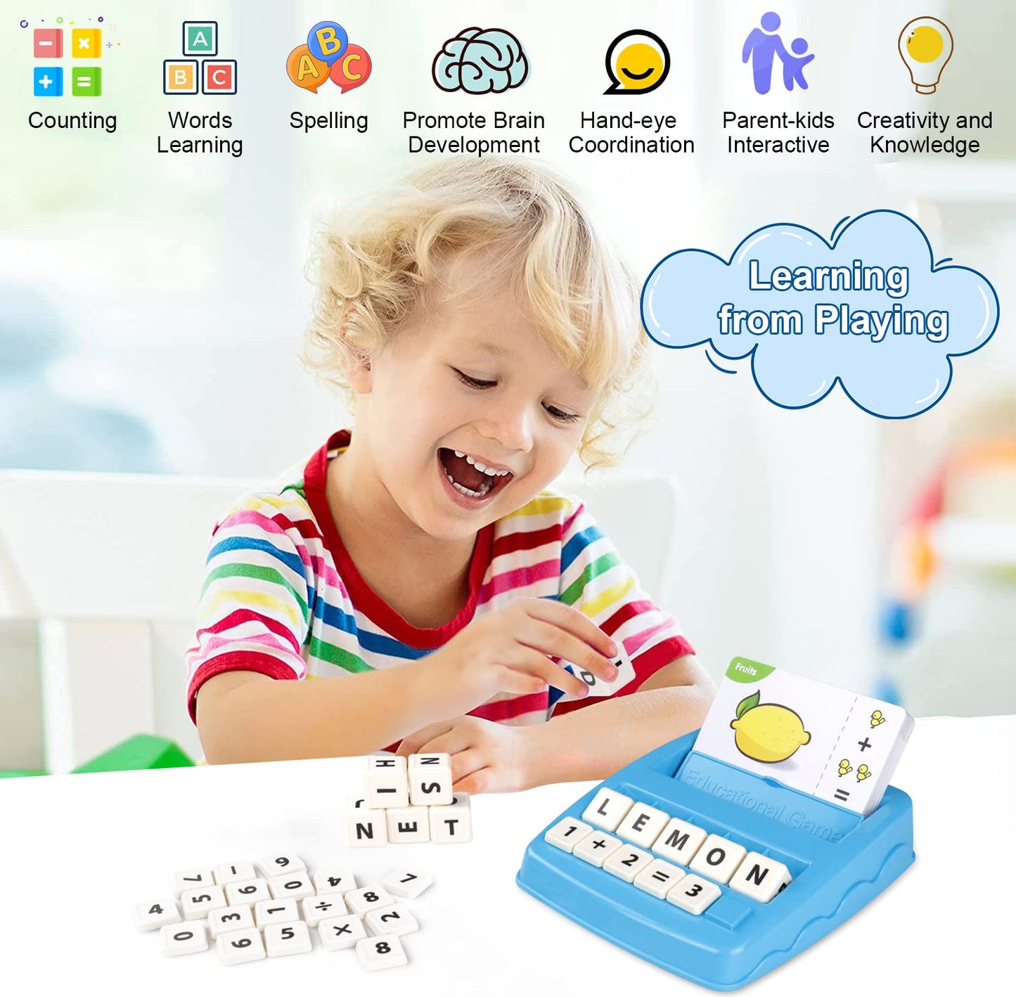 Matching Letter Game for Kids, 2 in 1 Educational Toys Alphabet Spelling & Reading, Number & Color Recognition Learning Flash Cards Birthday Gifts for Preschool Kindergarten Boys & Girls (Light Blue)