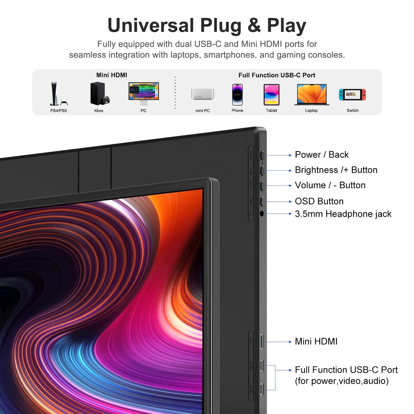 Anyuse 14" FHD 1920×1200 Portable Monitor – USB-C HDMI Ultra-Slim IPS Travel Display with Speakers, HDR Plug & Play, 400cd/m² Brightness, External Second Screen for Laptop PC Mac Phone