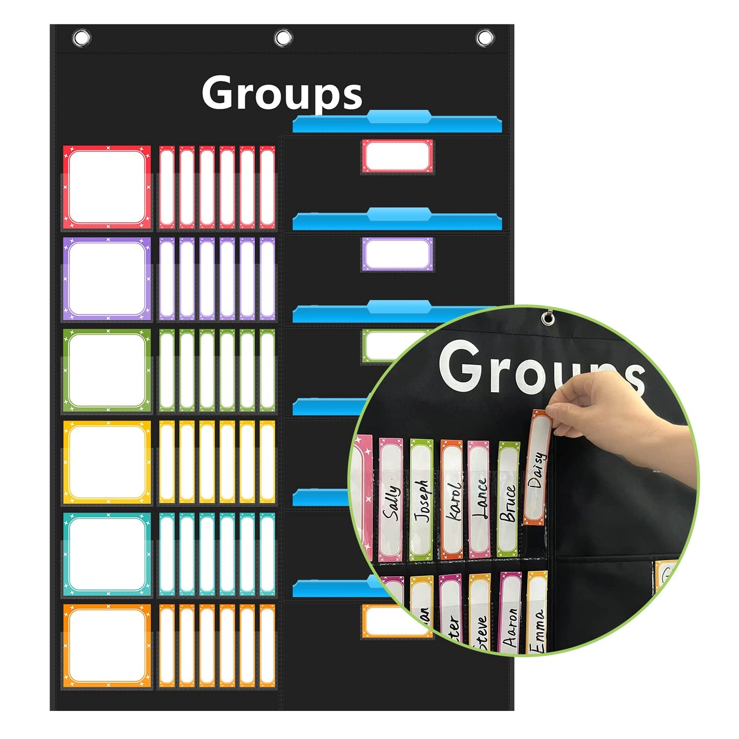 REGELETO Small Group Management Pocket Chart with 96 Cards Classroom Jobs Chart Small Group Organizer and on Task for School Teacher Homeschool Learning Supplies (Black)