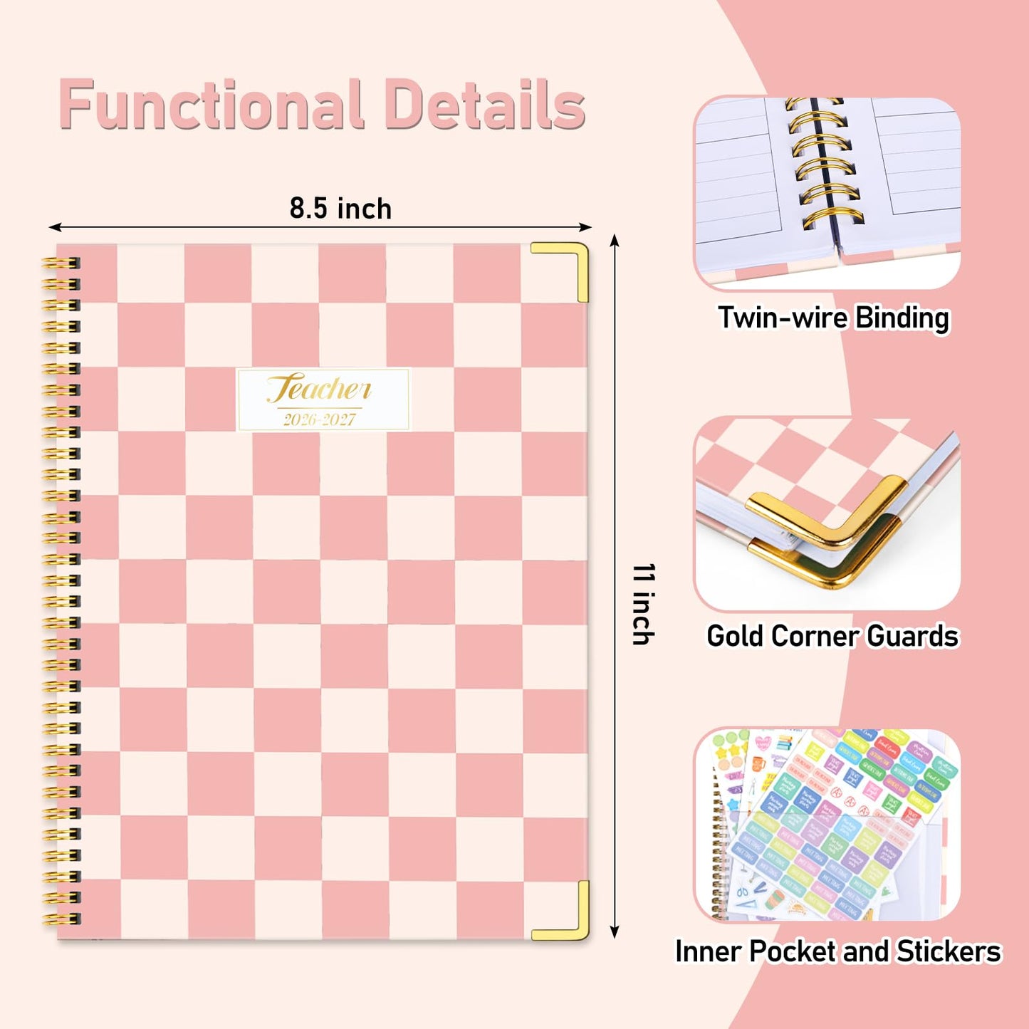 Teacher Planner 2026-2027, Jul 2026-Jun 2027 Academic Year, 8.5" x 11" Lesson Planner Book for Teacher Calendar, Spiral Bound Planners, Planning Stickers, Colorful Monthly Tabs, PinkCheckered