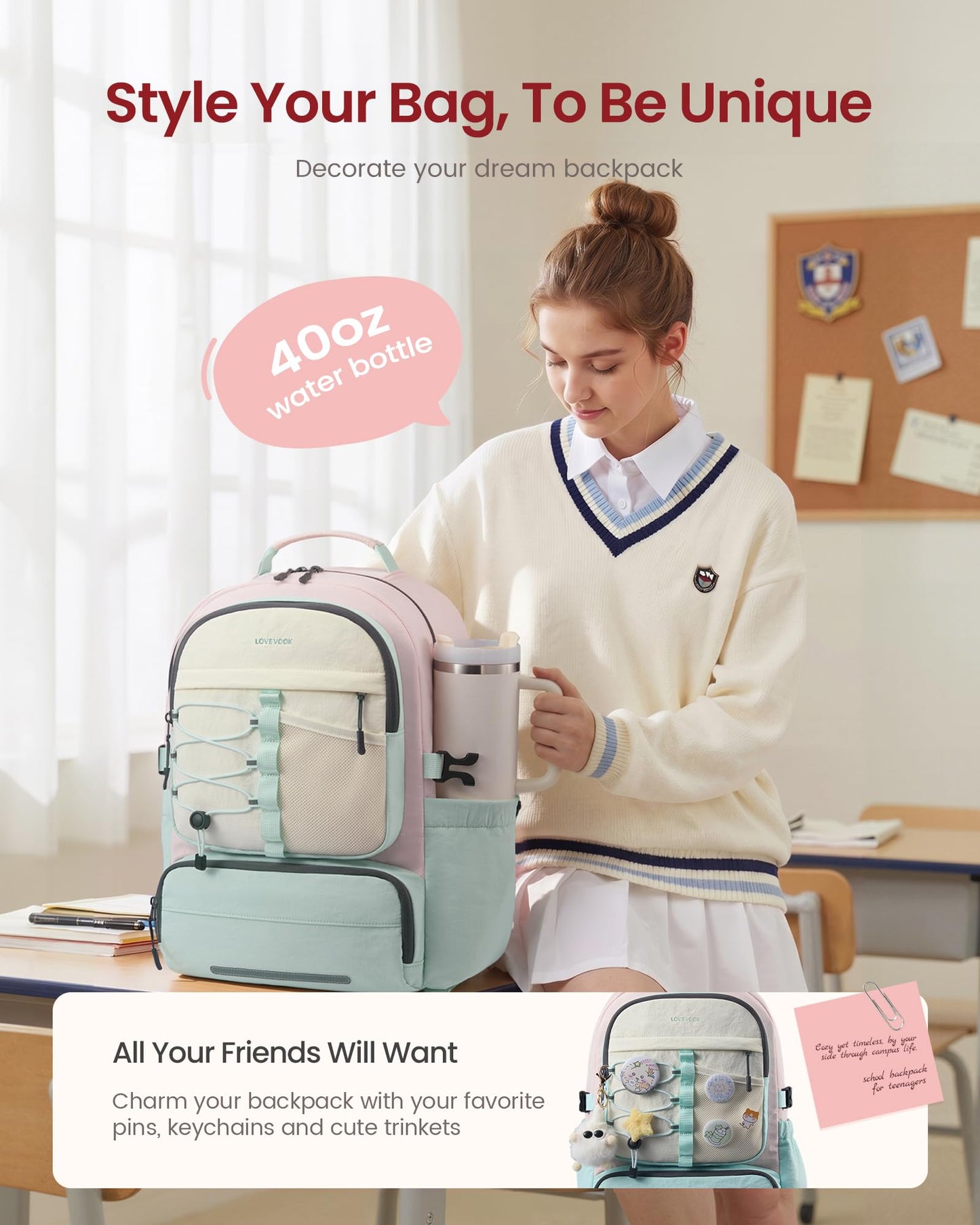LOVEVOOK School Backpack for Teen Girls, Unique Style College Student Backpacks with Large Cup Holder, Cute Kid Bookbag with Pens Compartment, Large Capacity Back to School Backpack Fit 15.6'' Laptop