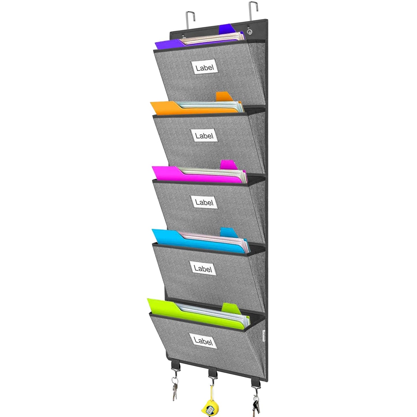 Over the Door File Organizer, Hanging File Folders, Wall Organizers and Storage for Mail, Magazine, Notebooks, Planners, Office, Classroom, 5 Extra Large Pockets, 50.39” Tall (Grey with Herringbone)