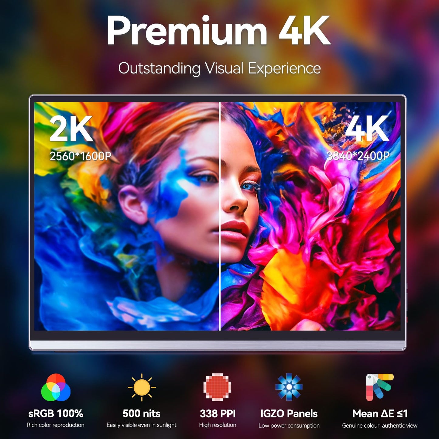 Intehill Portable Monitor 4k,Anti-Glare 13.4" 3840 * 2400 IGZO Screen, 4K Portable Travel Monitor, 1500:1,500 Nits Screen,HDR,sRGB 100%,Built-in Speakers,Dual USB-C,HDMI for Laptop Mac Phone PS5