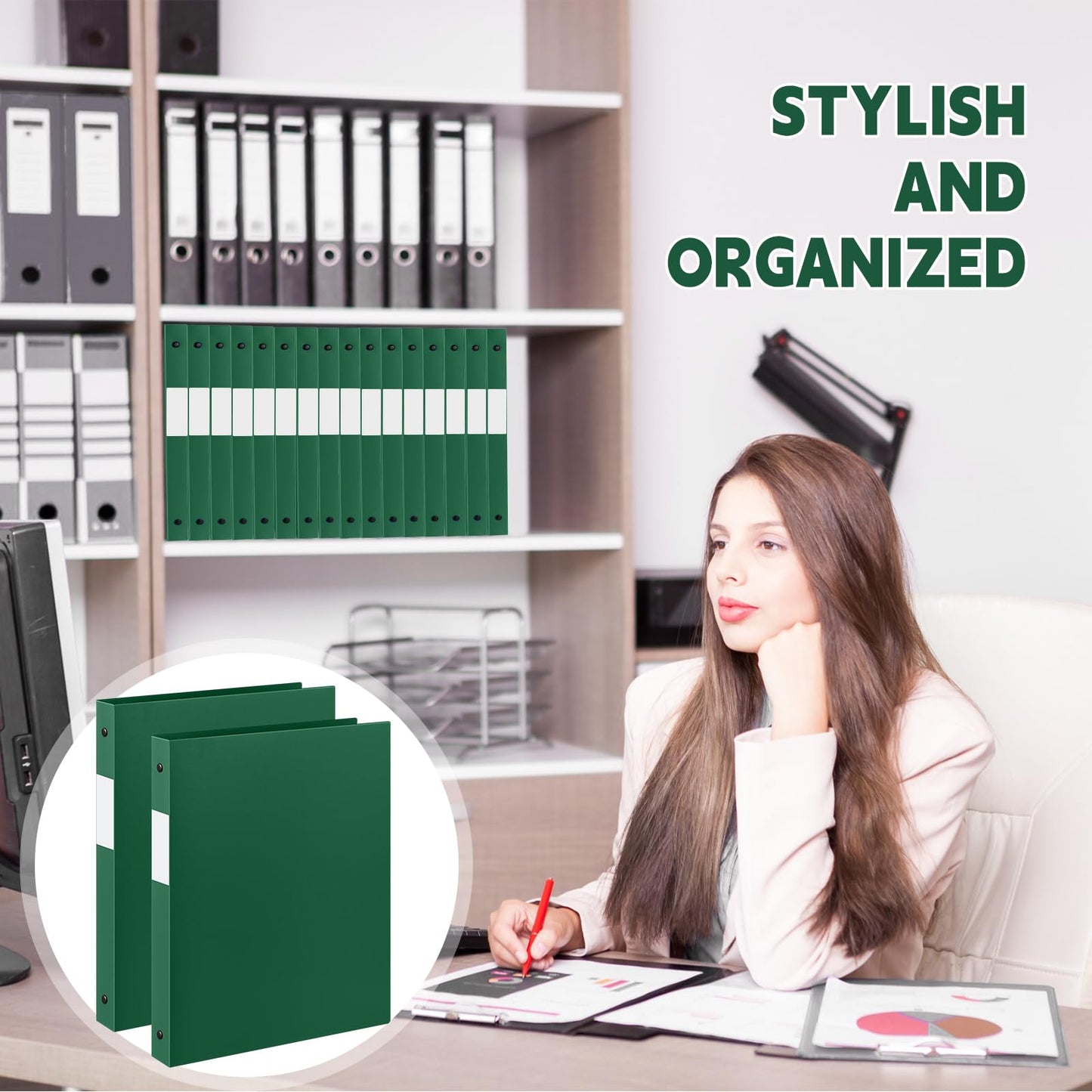 Henoyso 26 Pack 0.5 Inch Plastic 3 Ring Binder Round Ring, Bulk 1/2 Inch Flexible Binders Hold 140 Sheets Letter Size with Pocket, Document Organizer for Back to School Classroom Office (Dark Green)