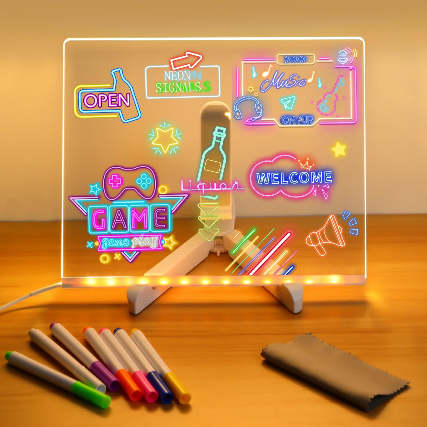 LED Note Board with Colors, Light Up Acrylic Message Board, Glowing Acrylic Dry Erase Board with Light, Led Drawing Board with Stand, 7 Markers (Medium 7.9 * 7.9 inches)